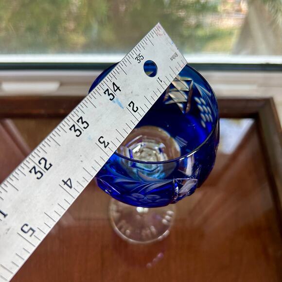 Vintage Bohemian / Czech Cobalt Blue Cut-to-Clear Crystal Wine Hock Goblet - Picture 10 of 11